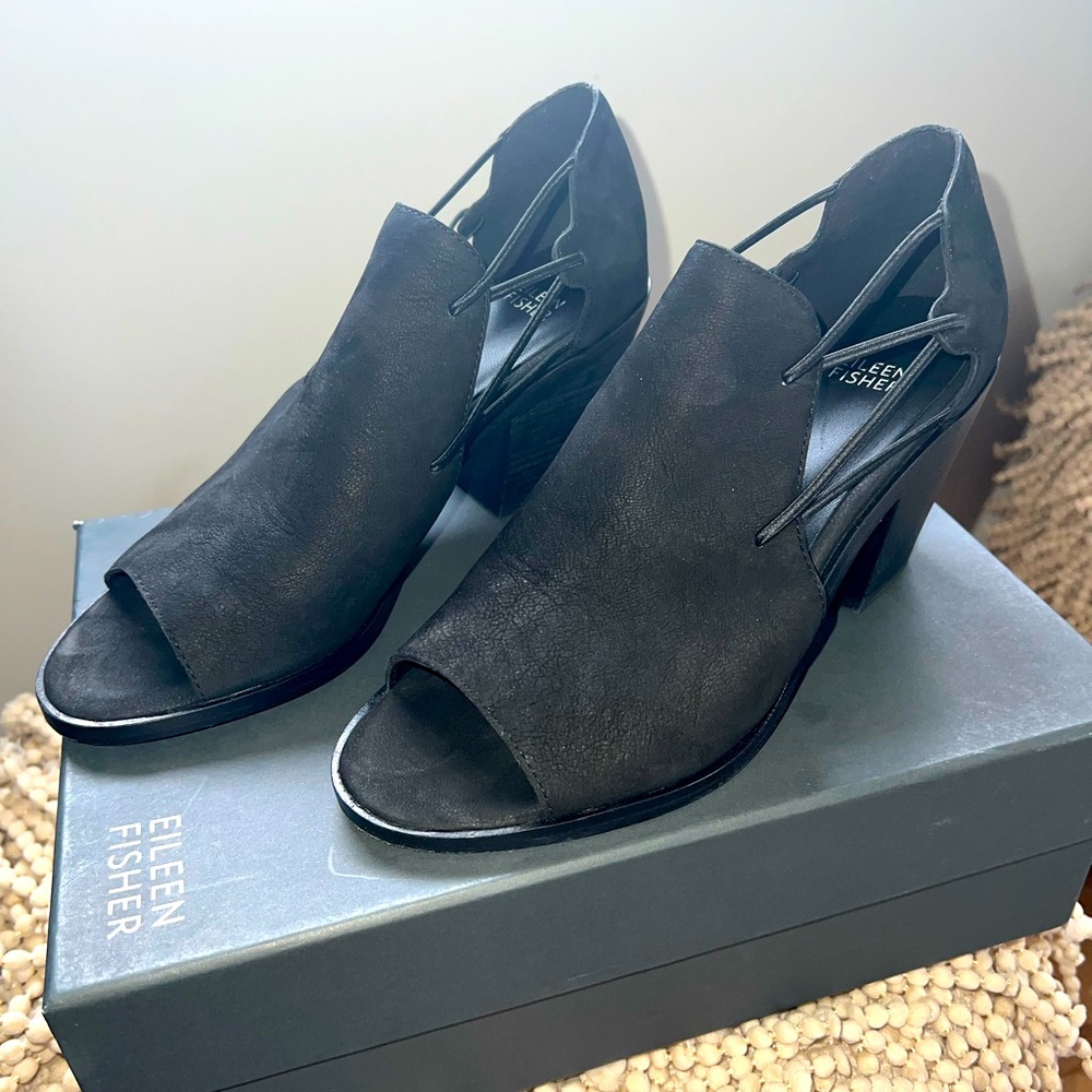 Eileen Fisher black nubuck Nikki style booties.